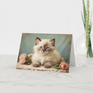 Tarjeta Retrato de gatito adorable vintage de peluche Flor