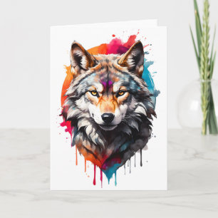 Tarjeta Retrato de lobo con salpicaduras de acuarela Salpi