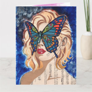Tarjeta Retrato de mujer con collage vintage y mariposa az