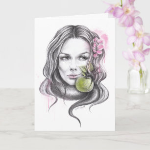 Tarjeta Retrato de mujer con manzana y flor Arte surrealis