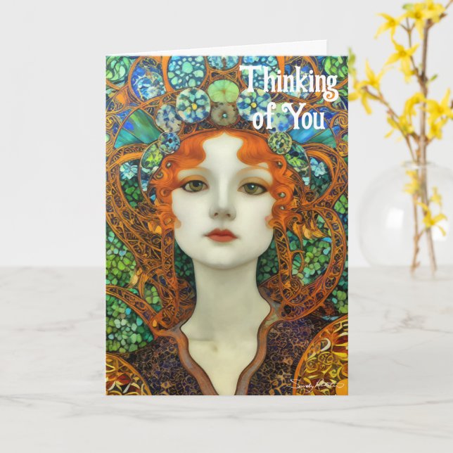 Tarjeta Retrato de mujer hermosa con estilo de vidrio manc (flor amarilla)