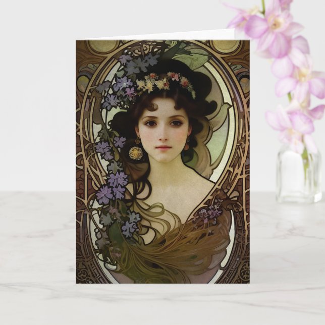 Tarjeta Retrato elegante al estilo mucha de una bella muje (Orquídea)