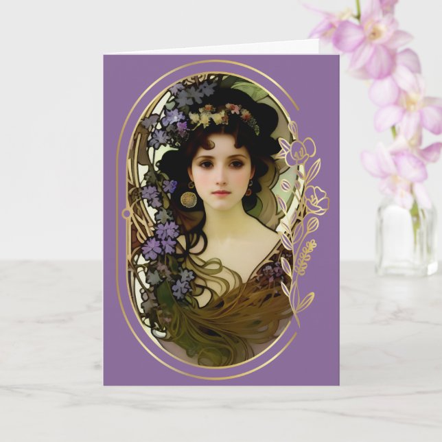 Tarjeta Retrato elegante al estilo mucha de una bella muje (Orquídea)