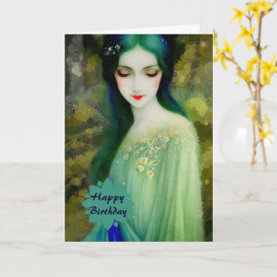 Tarjeta Retrato elegante de mujer fantastica en verde y az