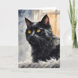 Tarjeta Retrato en acuarela de gato negro posa ventanas