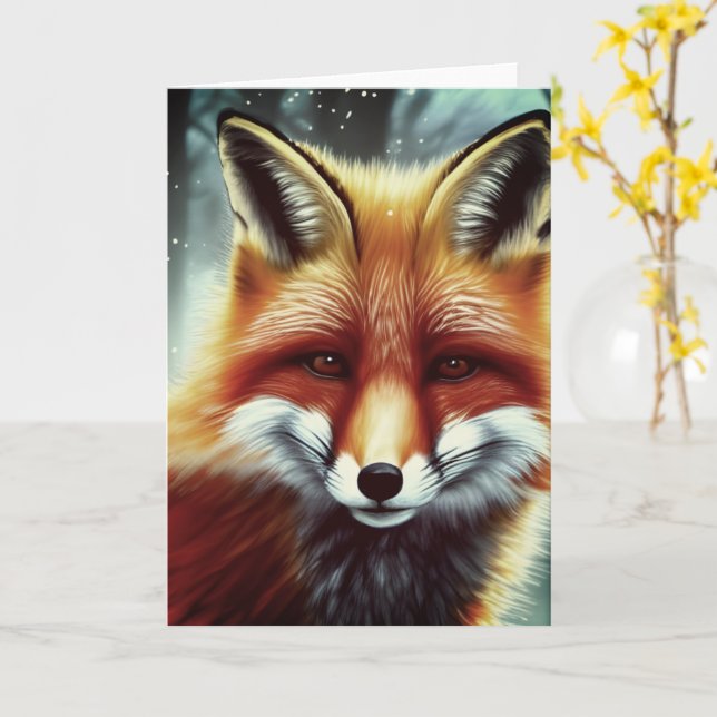 Tarjeta Retrato Fluffy Red Fox (flor amarilla)