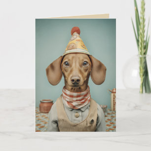 Tarjeta Retrato vintage de Dachshund con sombrero de fiest