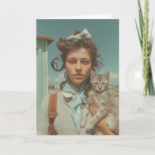 Tarjeta Retrato Vintage de Niña Sosteniendo Gatito