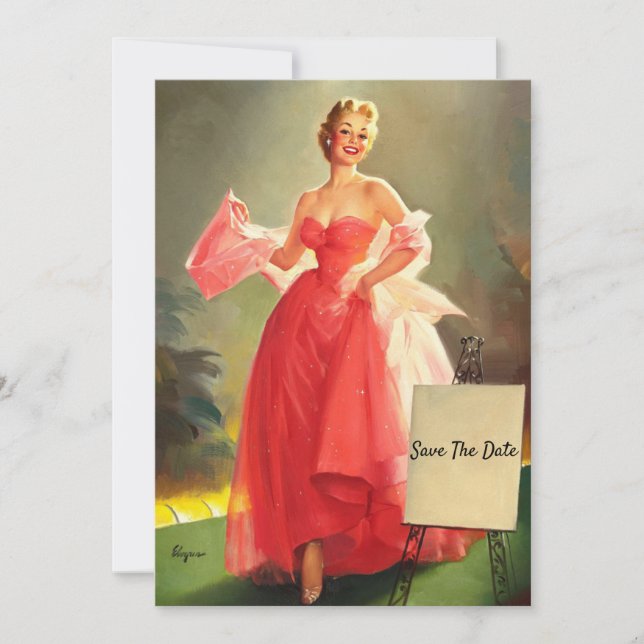 Tarjeta Retro a la mujer en un baile rosa, salva la fecha (Anverso)