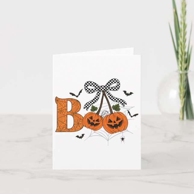 Tarjeta Retro Boo Fantasma Calabaza cerezas quema a mujer  (Anverso)