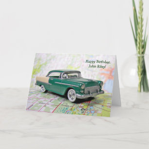 Tarjeta retro Car en hoja de ruta para cumpleaños
