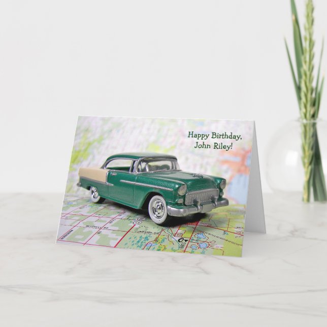 Tarjeta retro Car en hoja de ruta para cumpleaños (Anverso)