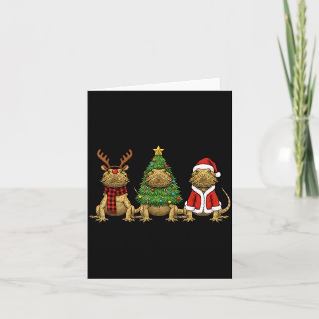 Tarjeta Retro Christmas Bearded Dragon Santa Reindeer  (Anverso)