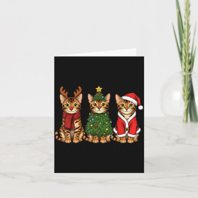 Tarjeta Retro Christmas Bengal Cat Santa Reindeer  (Anverso)