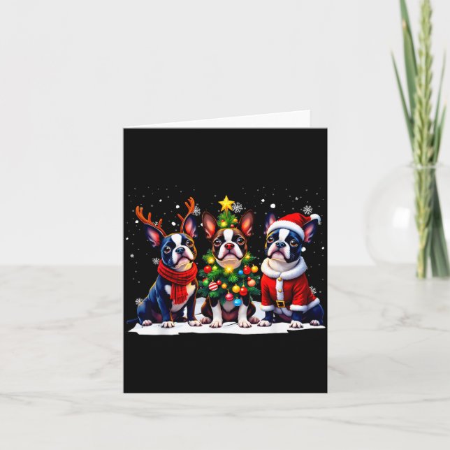 Tarjeta Retro Christmas Boston Terrier Santa Reindeer Dog  (Anverso)