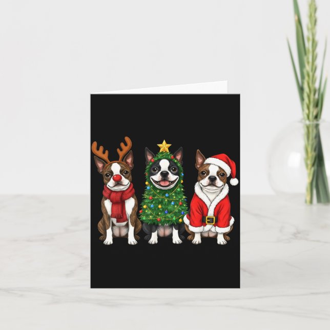 Tarjeta Retro Christmas Boston Terrier Santa Reindeer Dog  (Anverso)