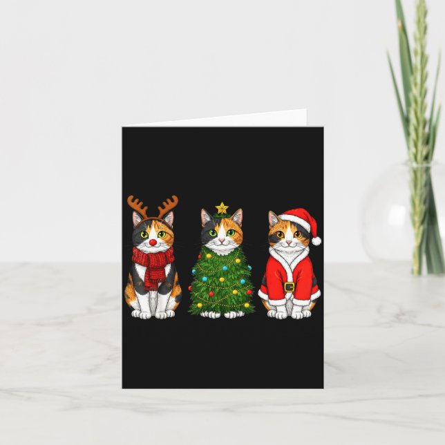 Tarjeta Retro Christmas Calico Cat Santa Reindeer  (Anverso)