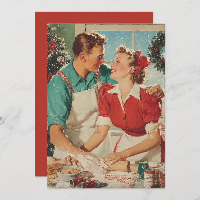 Tarjeta Retro Christmas Couple Baking Love (Anverso / Reverso)