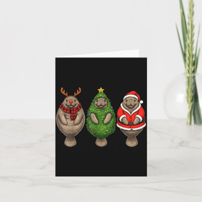 Tarjeta Retro Christmas Manatee Santa Reindeer  (Anverso)