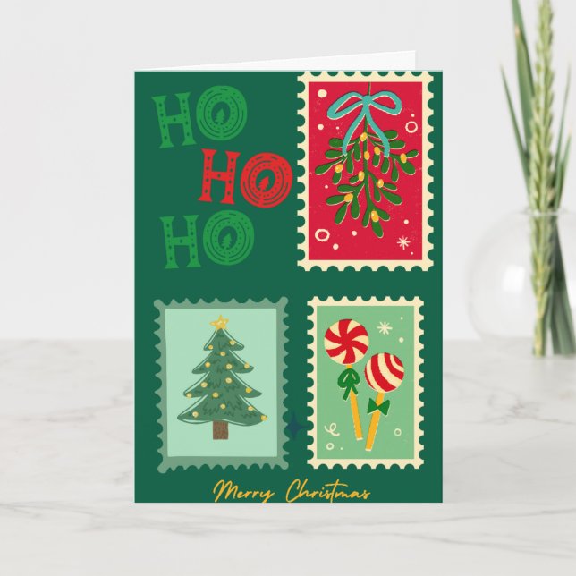 Tarjeta Retro Christmas Postage Card – Mistletoe, Tree & P (Anverso)