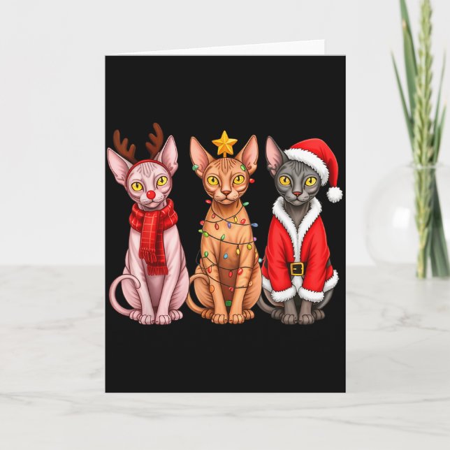 Tarjeta Retro Christmas Sphynx Cat Santa Reindeer  (Anverso)