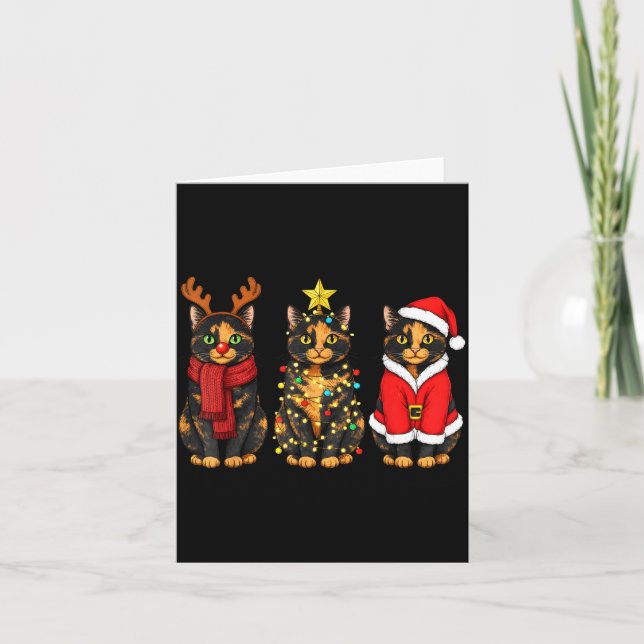 Tarjeta Retro Christmas Tortoiseshell Cat Santa Reindeer  (Anverso)