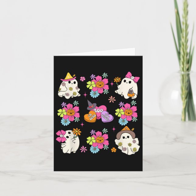 Tarjeta Retro Coquette Boo Fantasma Lazo Flores de Calabaz (Anverso)
