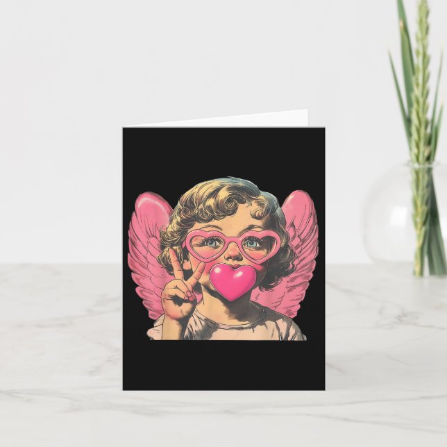 Tarjeta Retro Cupido Bebé Soplando Corazón de Burbuja San  (Anverso)