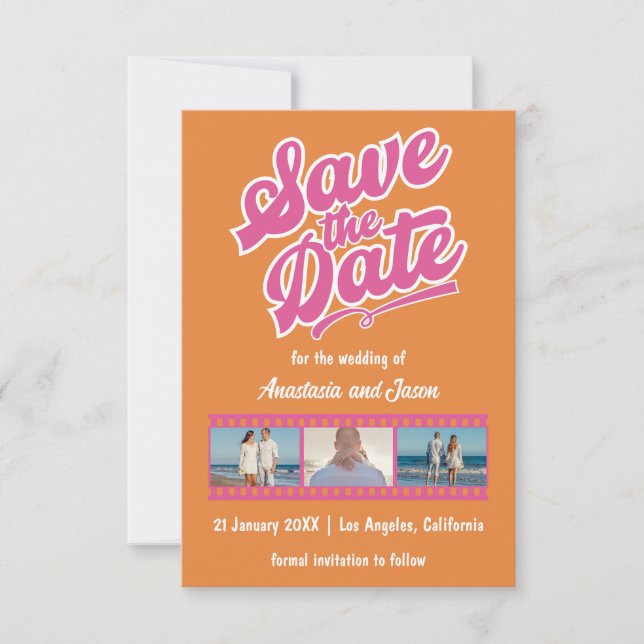 Tarjeta Retro de "Save the Date" de Boda en Rosa y (Anverso)
