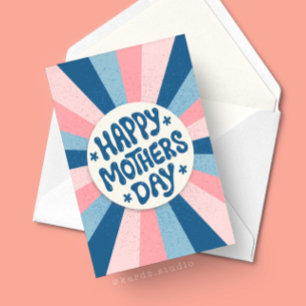 Tarjeta Retro Feliz Día de la Madre Azul y Rosa