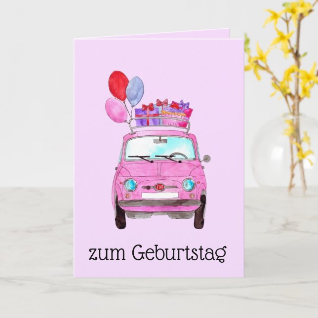 Tarjeta Retro Fiat 500 de Cumpleaños Alemán (flor amarilla)