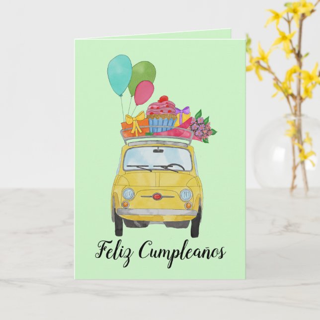 Tarjeta Retro Fiat 500 de Cumpleaños Español (flor amarilla)