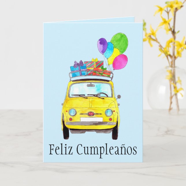 Tarjeta Retro Fiat 500 de Cumpleaños Español (flor amarilla)
