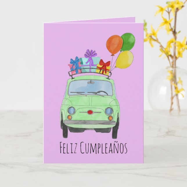 Tarjeta Retro Fiat 500 de Cumpleaños Español (flor amarilla)