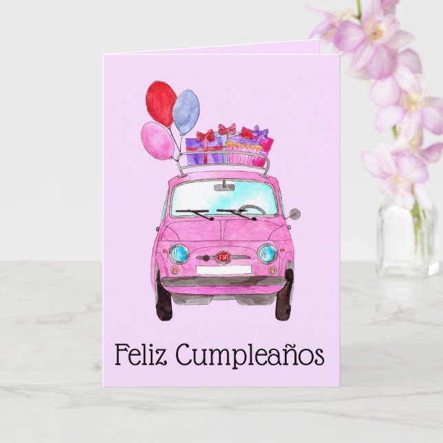 Tarjeta Retro Fiat 500 de Cumpleaños Español (Orquídea)