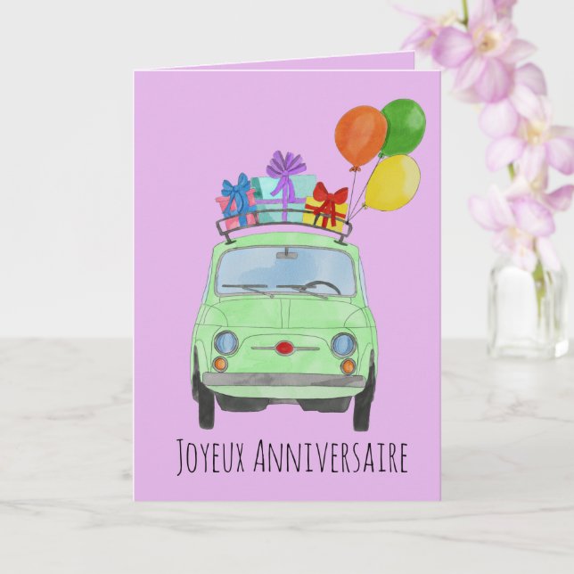 Tarjeta Retro Fiat 500 de Cumpleaños Francés (Orquídea)