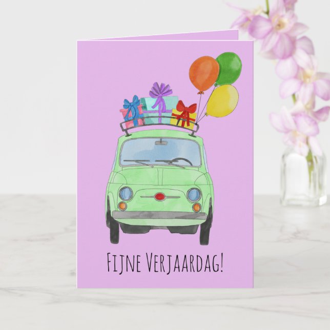 Tarjeta Retro Fiat 500 de Cumpleaños Holandesa (Orquídea)