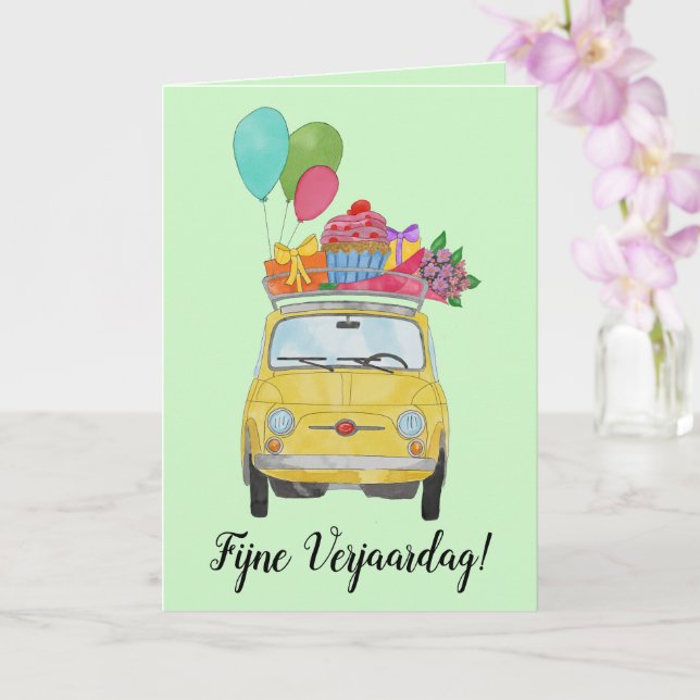 Tarjeta Retro Fiat 500 de Cumpleaños Holandesa (Orquídea)