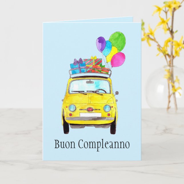 Tarjeta Retro Fiat 500 de Cumpleaños Italiano (flor amarilla)