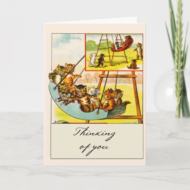 Tarjeta Retro Funny Cats Playing on Swing Thinking of You (Anverso)