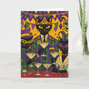 Tarjeta Retro Futurista Mardi Gras Black Cat Martini Club