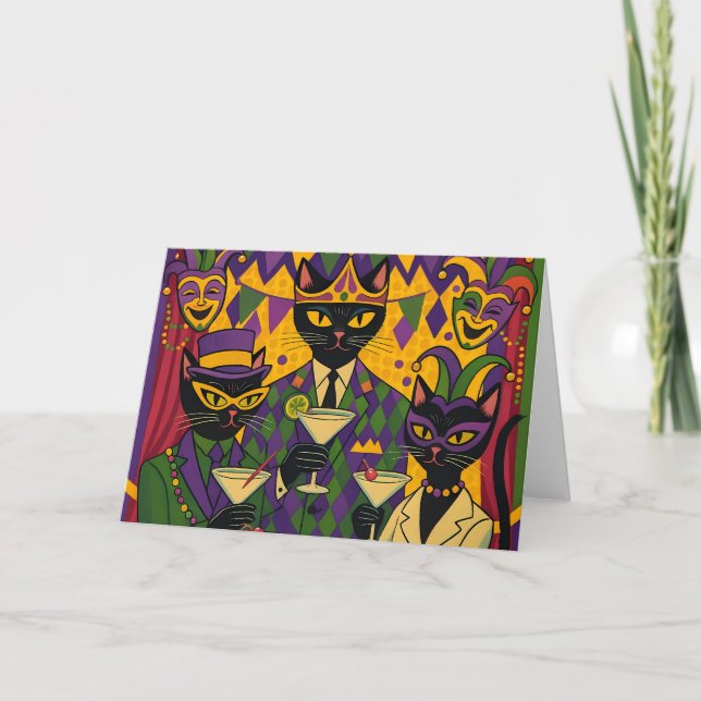 Tarjeta Retro Futuristic Mardi Gras Black Cat Martini Club (Anverso)