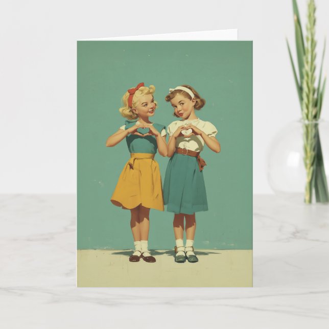 Tarjeta Retro Girls Sharing Heartfelt Joy (Anverso)