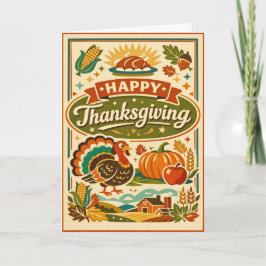 Tarjeta Retro Granja Feliz Día de Acción de Gracias Cosech