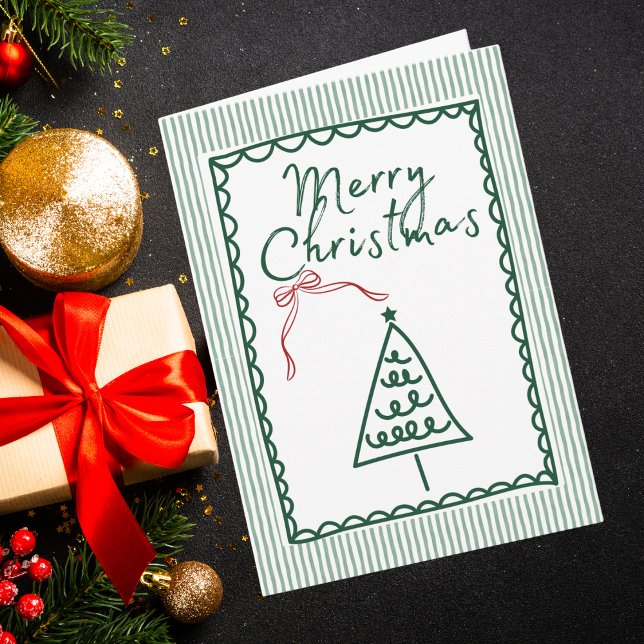 Tarjeta Retro green Christmas Tree & Family Photo Custom  (Subido por el creador)