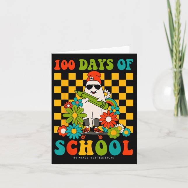 Tarjeta Retro Groovy 100 Días De Maestros Escolares Niños  (Anverso)