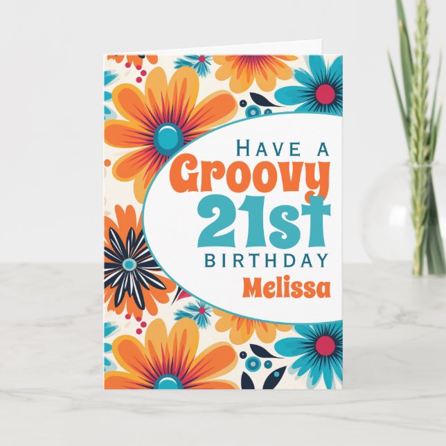 Tarjeta Retro Groovy 21ᵉʳ Birthday Flower Power (Anverso)
