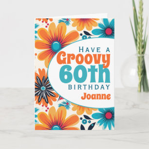 Tarjeta Retro Groovy 60.º poder de las flores de cumpleaño