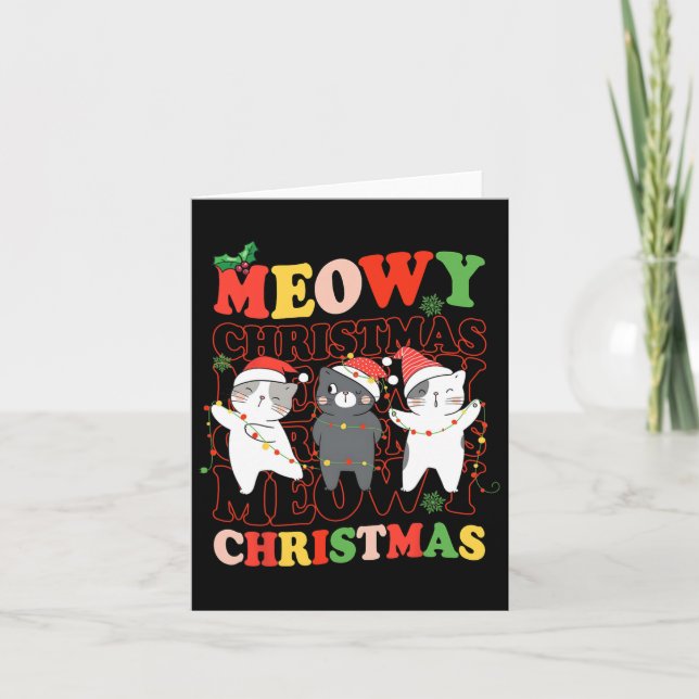 Tarjeta Retro Groovy Meowy Catmas Cats Navidades Luces Sa (Anverso)