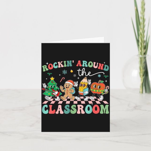 Tarjeta Retro Groovy Teacher Christmas Rockin' Around The  (Anverso)
